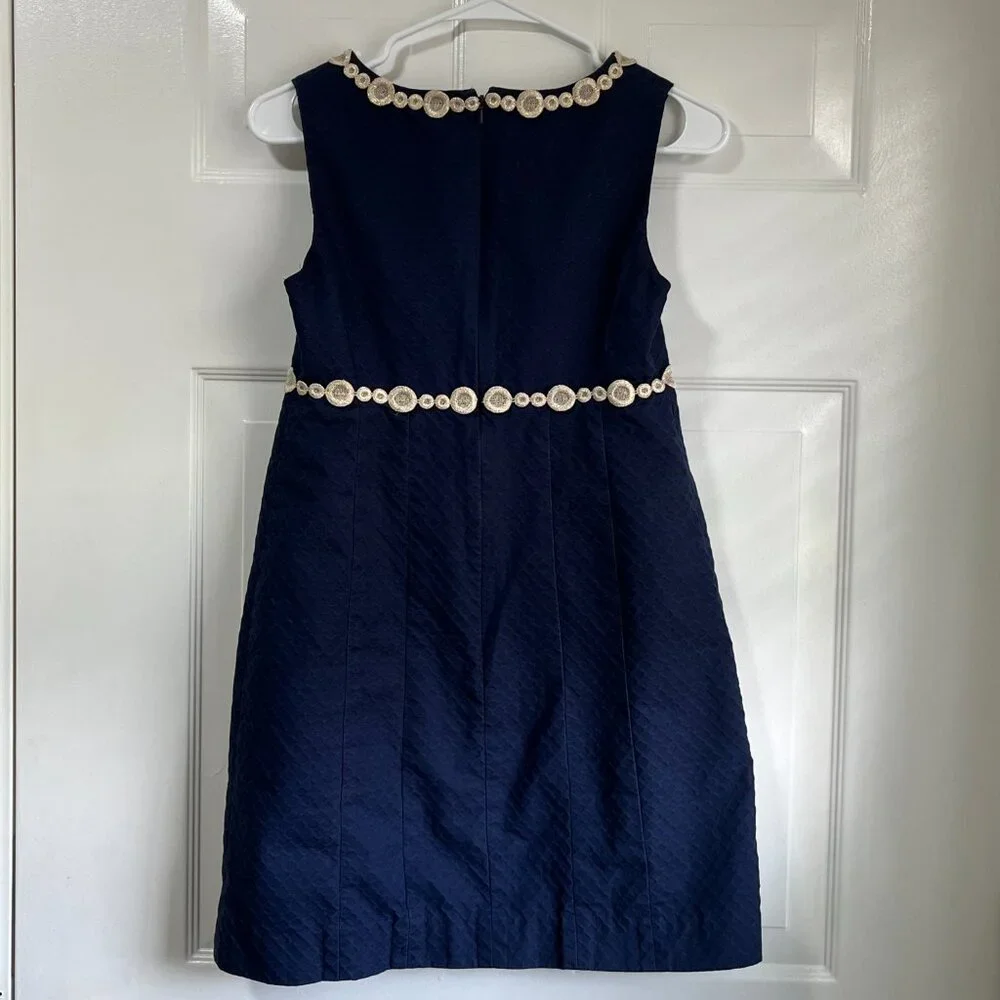 Lilly Pulitzer Navy Blue and Gold Lace Sleeveless Mini Dress Size 0 - Picture 3 of 8